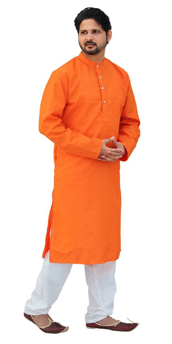 Orange Cotton Plain Kurta With White Pajama