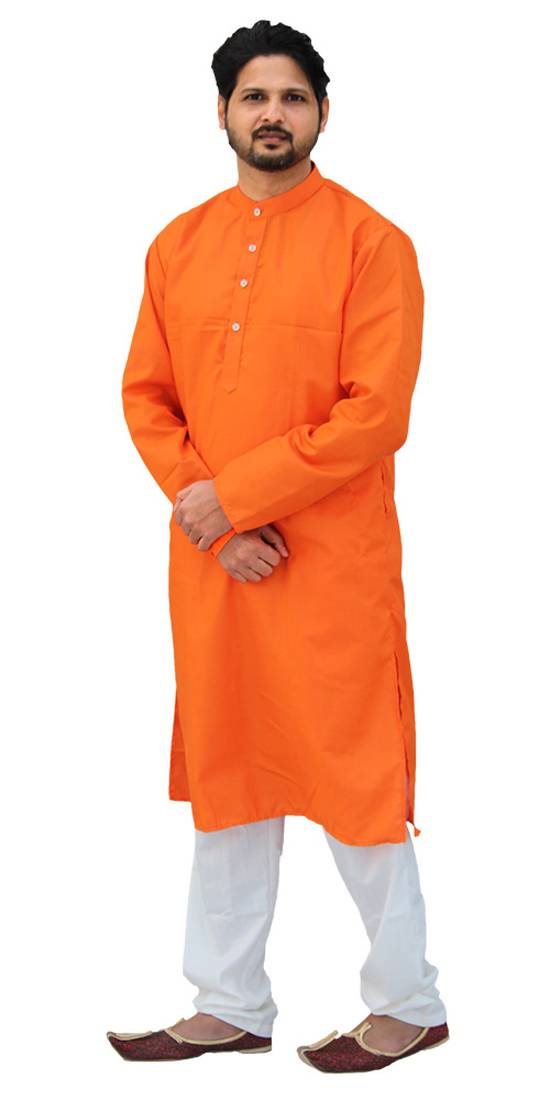 Orange Cotton Plain Kurta With White Pajama