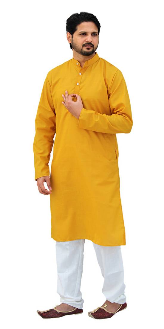 Light Yellow Cotton Plain Kurta With White Pajama