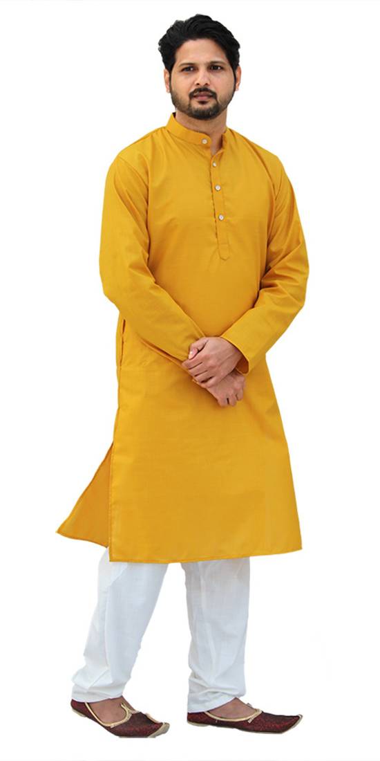 Light Yellow Cotton Plain Kurta With White Pajama