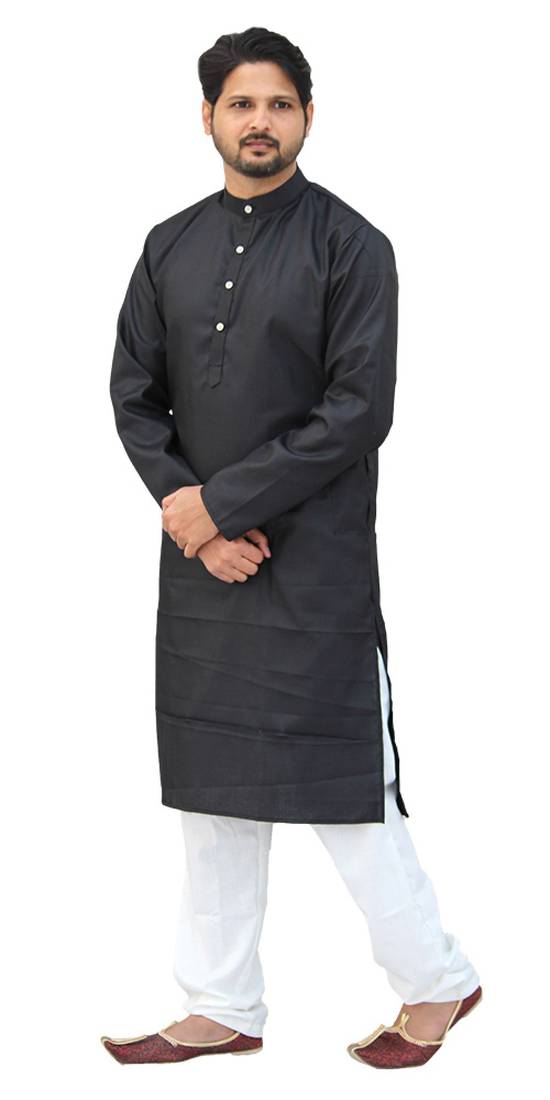 Om Shubh Mangalam Men's Black Cotton Plain Kurta White Pajama