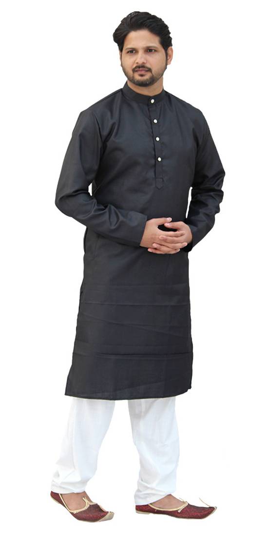Om Shubh Mangalam Men's Black Cotton Plain Kurta White Pajama