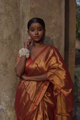 Huts And Looms Red & Copper Gold Handloom Tissue Saree 2