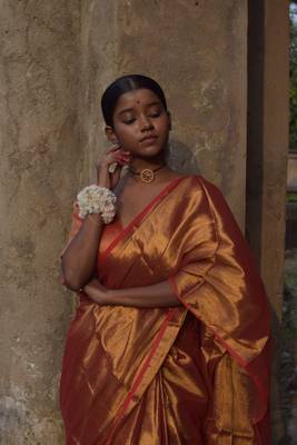 Huts And Looms Red & Copper Gold Handloom Tissue Saree 1
