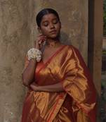 Huts And Looms Red & Copper Gold Handloom Tissue Saree