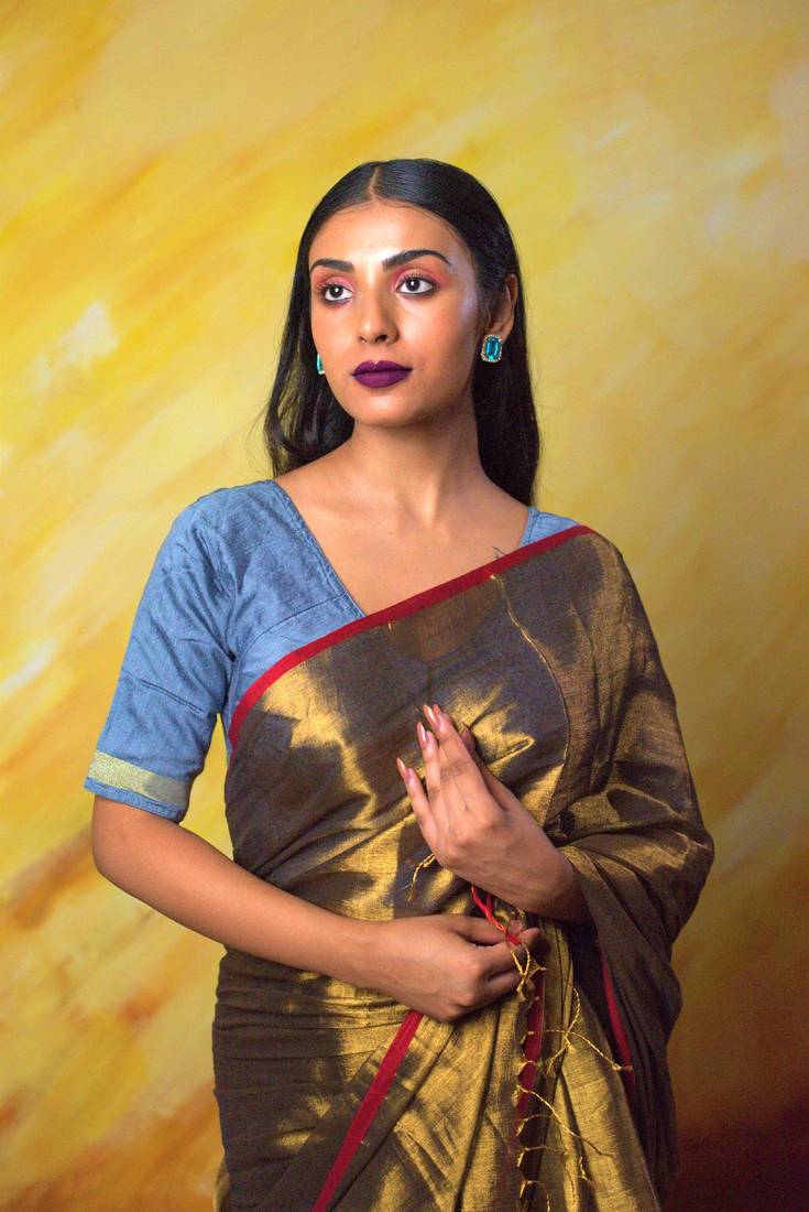 Tissue x Cotton Saree - Olive (Blue Undertone)