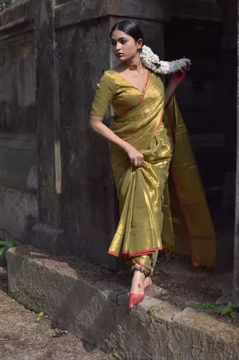 Olive Green Handloom Tissue Saree Without Blouse