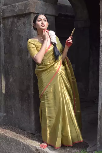 Olive Green Handloom Tissue Saree Without Blouse
