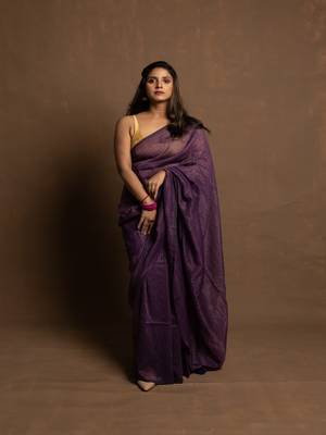 Purple gold zari stripe mul cotton saree 1