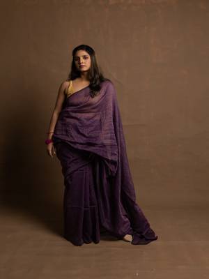 Purple gold zari stripe mul cotton saree 2