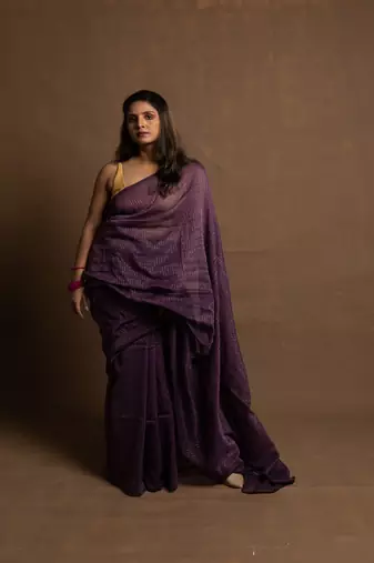 Purple gold zari stripe mul cotton saree