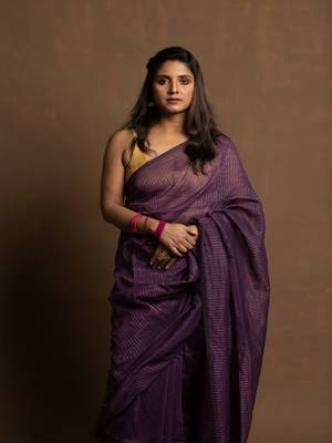 Purple gold zari stripe mul cotton saree 3