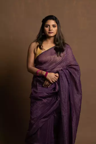 Purple gold zari stripe mul cotton saree