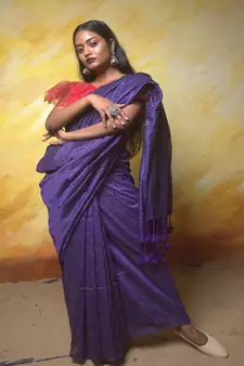 Purple gold zari stripe mul cotton saree