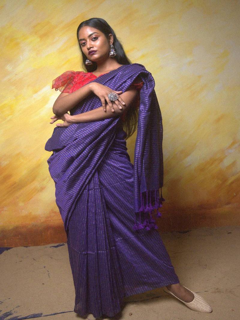 Purple gold zari stripe mul cotton saree