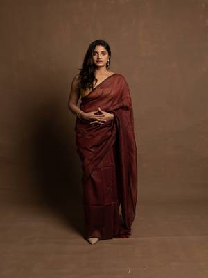Maroon gold zari stripe mul cotton saree 1