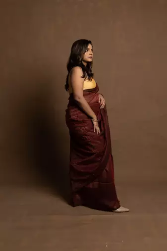 Maroon gold zari stripe mul cotton saree