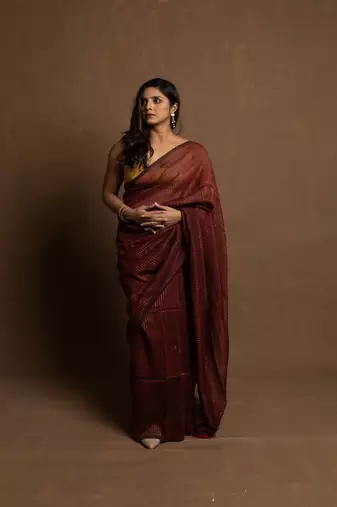 Maroon gold zari stripe mul cotton saree