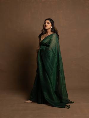 Emerald Green gold zari stripe mul cotton saree 1