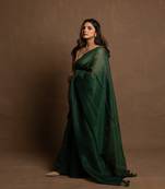 Emerald Green gold zari stripe mul cotton saree