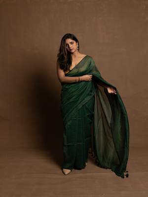 Emerald Green gold zari stripe mul cotton saree 2