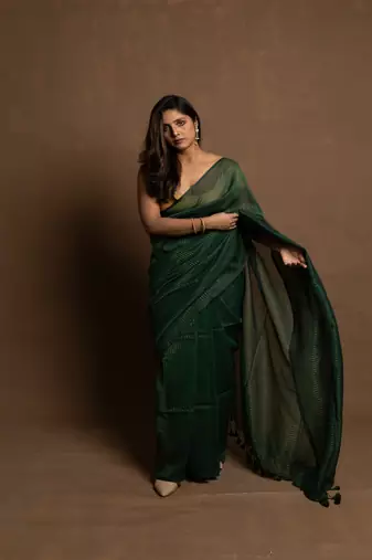 Emerald Green gold zari stripe mul cotton saree
