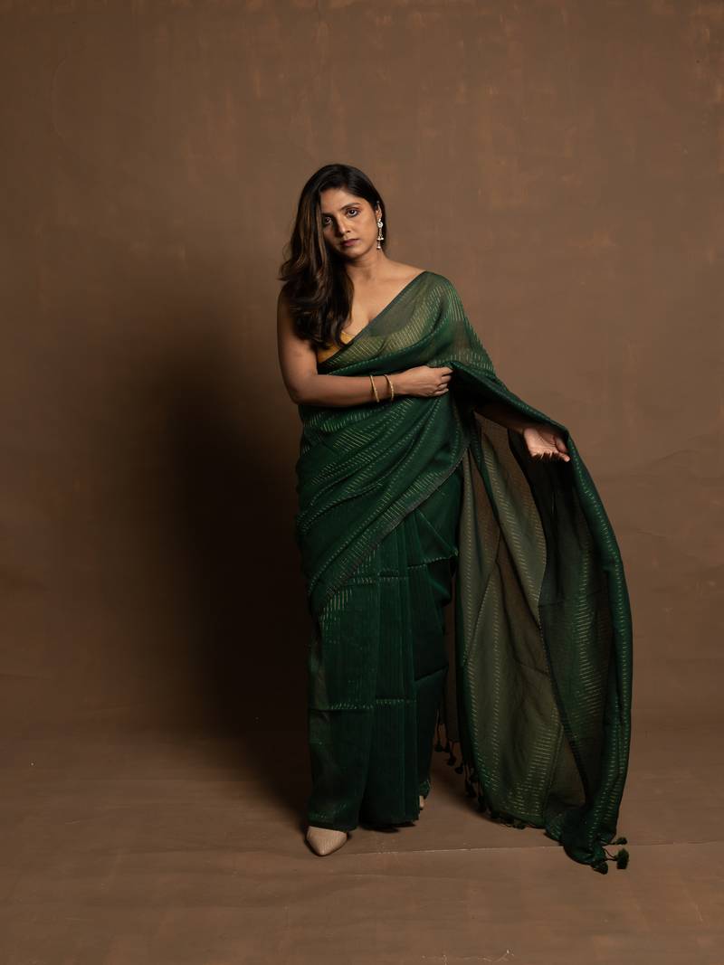 Emerald Green gold zari stripe mul cotton saree