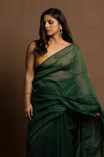 Emerald Green gold zari stripe mul cotton saree