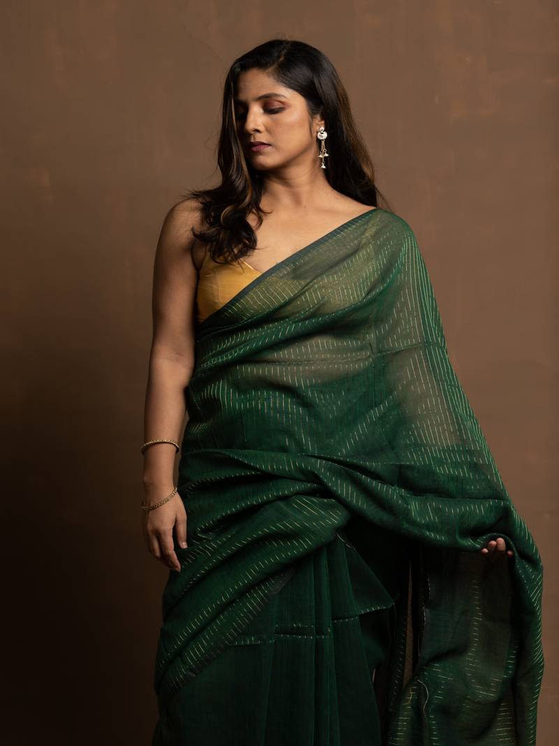 Emerald Green gold zari stripe mul cotton saree