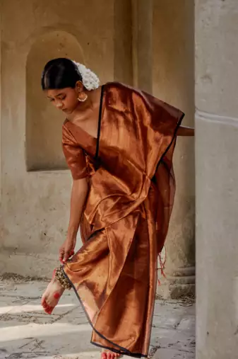 Copper Cotton Tissue Zari Woven Saree for Weddings and Festivals