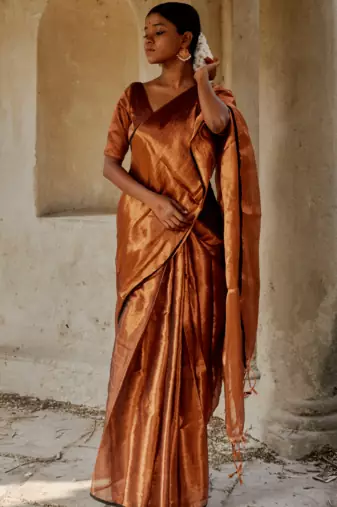 Copper Cotton Tissue Zari Woven Saree for Weddings and Festivals
