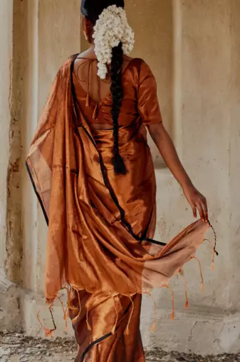 Copper Cotton Tissue Zari Woven Saree for Weddings and Festivals