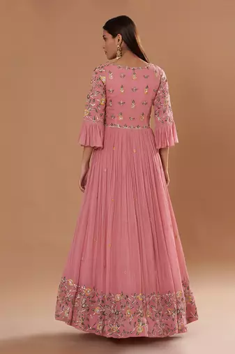 Peach Anarkali With Thred Emberiodery With Multi Colour Yoke