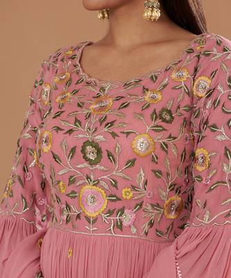 Peach Anarkali With Thred Emberiodery With Multi Colour Yoke 3