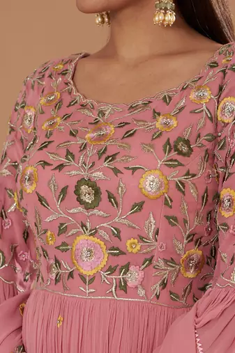 Peach Anarkali With Thred Emberiodery With Multi Colour Yoke