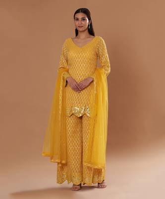 Yellow Zari Work Plus Size Kurti Suit 1