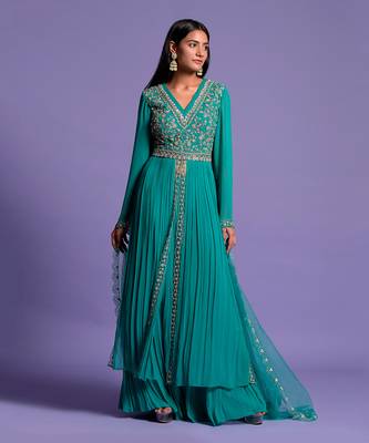 Light Rama Green Double Flared Embroidered Anarkali 1
