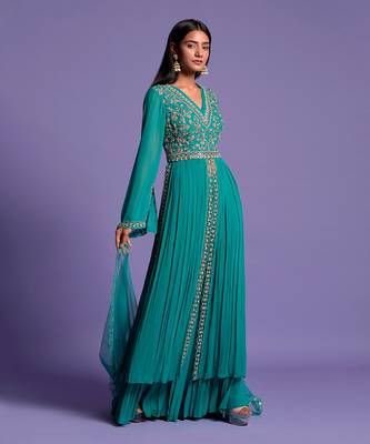 Light Rama Green Double Flared Embroidered Anarkali 2