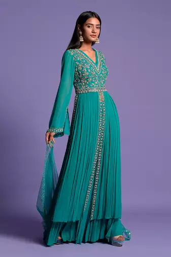 Light Rama Green Double Flared Embroidered Anarkali