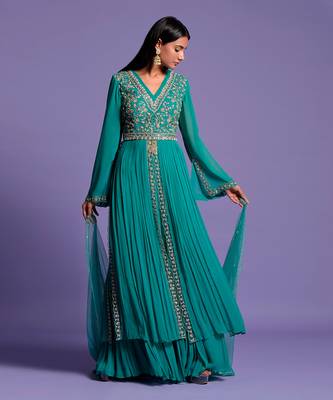 Light Rama Green Double Flared Embroidered Anarkali 3