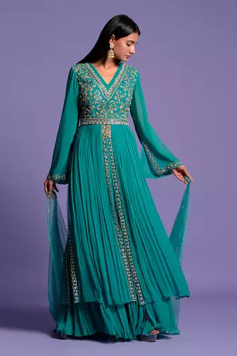 Light Rama Green Double Flared Embroidered Anarkali
