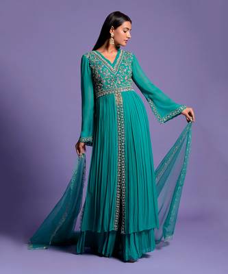 Light Rama Green Double Flared Embroidered Anarkali 4