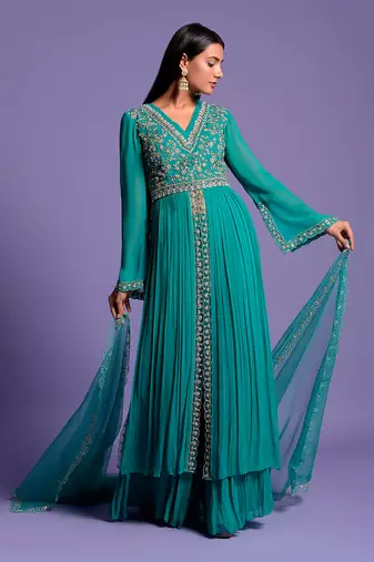Light Rama Green Double Flared Embroidered Anarkali