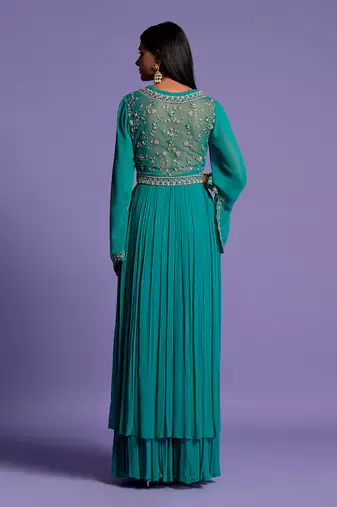 Light Rama Green Double Flared Embroidered Anarkali