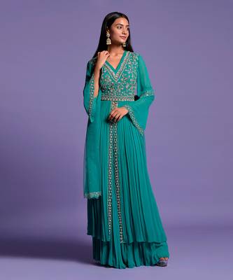 Light Rama Green Double Flared Embroidered Anarkali 6