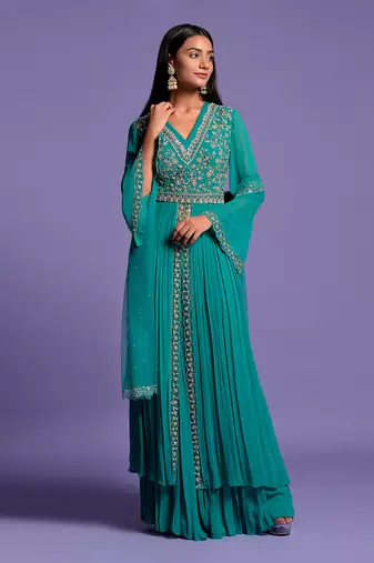 Light Rama Green Double Flared Embroidered Anarkali