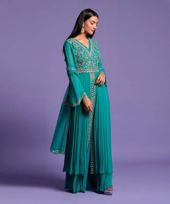 Light Rama Green Double Flared Embroidered Anarkali 7