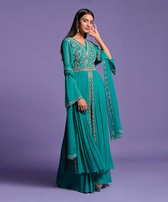 Light Rama Green Double Flared Embroidered Anarkali 8
