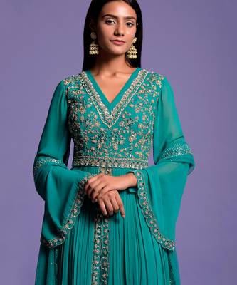 Light Rama Green Double Flared Embroidered Anarkali 9