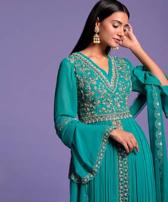 Light Rama Green Double Flared Embroidered Anarkali 10